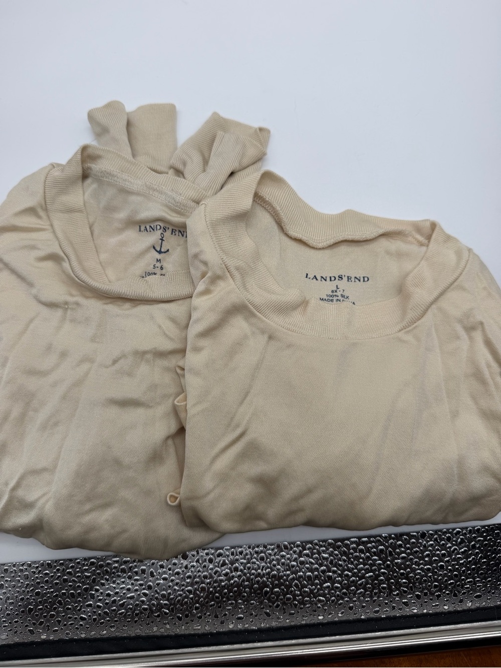 TWO Lands' End Kids Cream SILK thermal undershirt. Sz M 5/6 & L 7/8